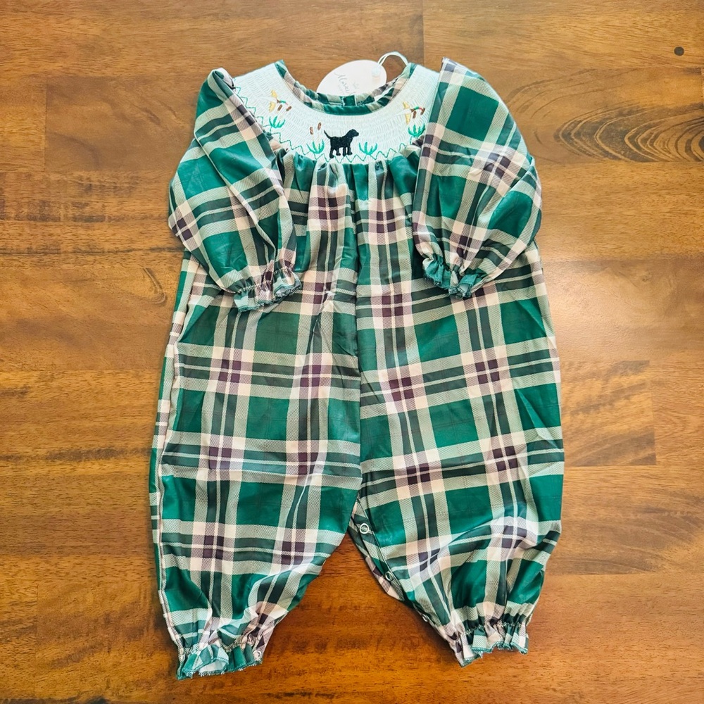 Marie Nicole Green Smocked Plaid Dog Romper Newborn Size 6-12 NWT